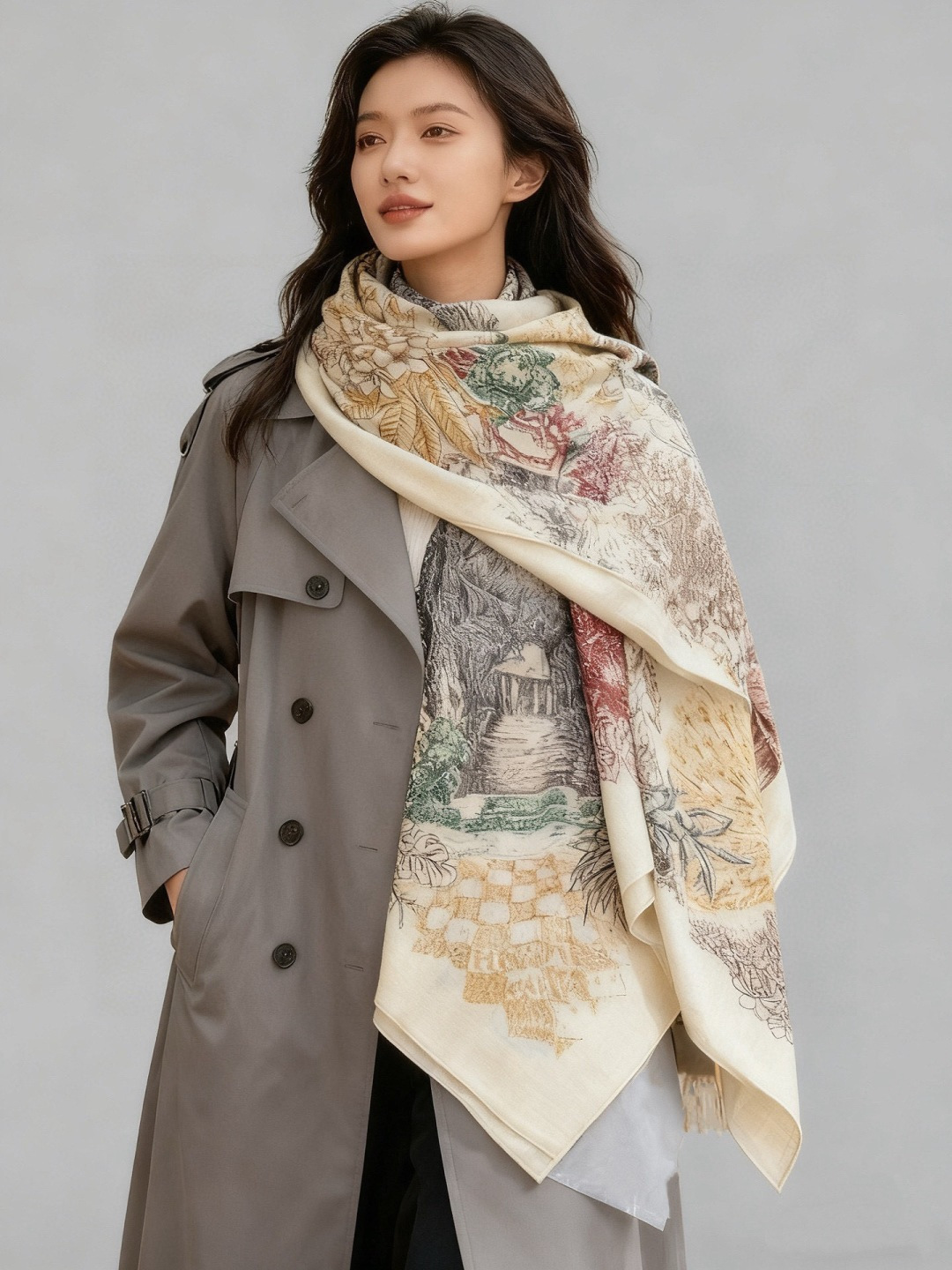 重磅推荐的140顶级丝绒双面异色披肩《回归自然》 披肩尺寸：140*140方巾 70%羊绒30%真丝这张