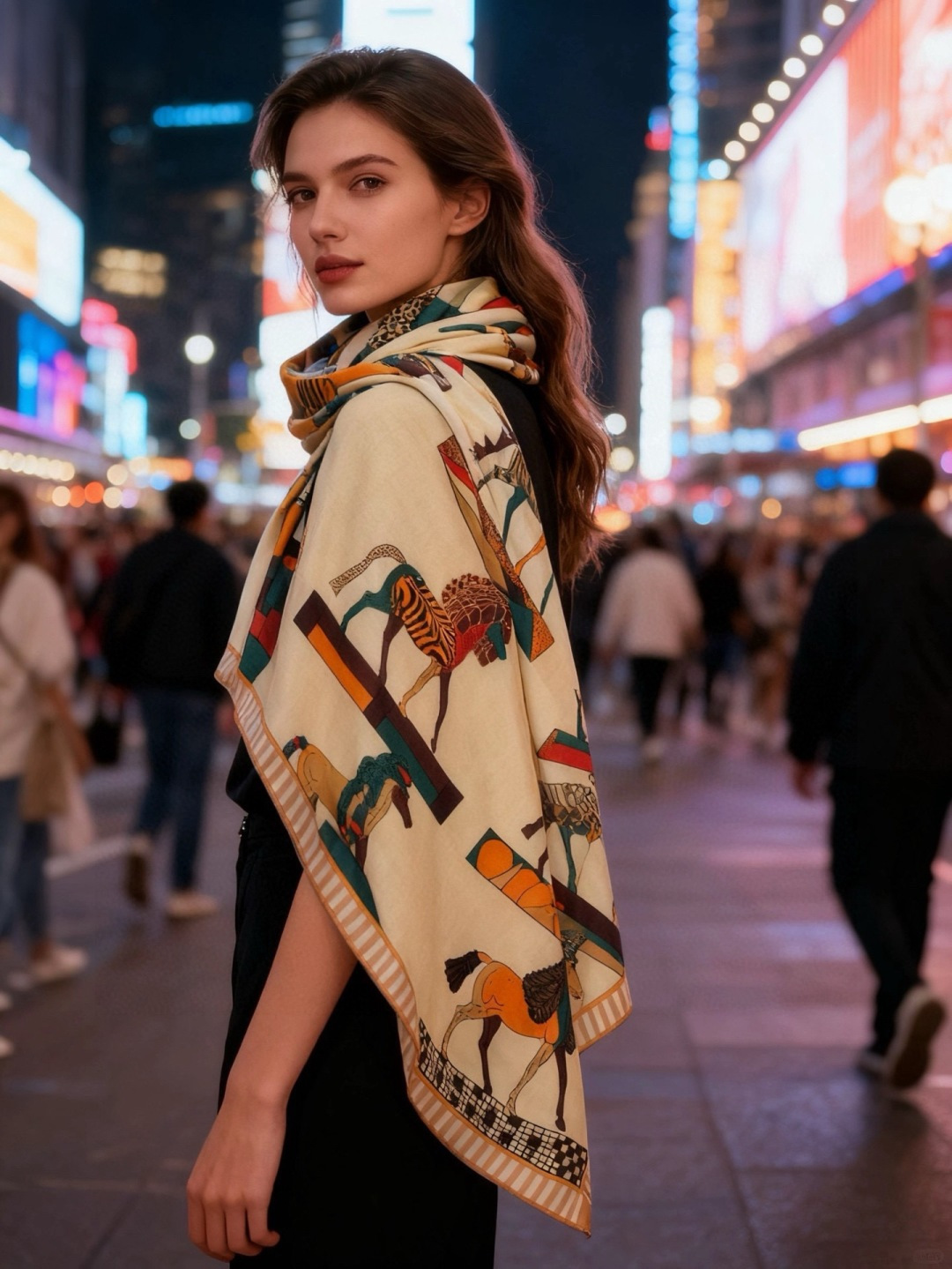 “全速前进”140双面丝绒披肩手工卷边丝毛方巾（30%桑蚕丝70%羊绒）这款经典单品展现强大而迷人的女性