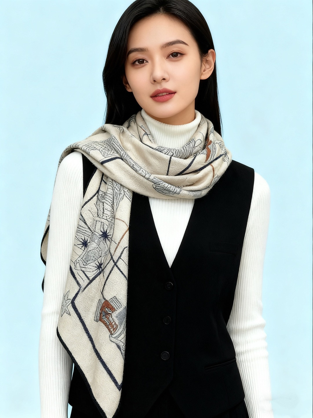 “星辰合唱曲”140丝绒双面同色披肩手工卷边丝绒方巾（30%桑蚕丝70%羊绒）这款经典单品展现强大而迷人