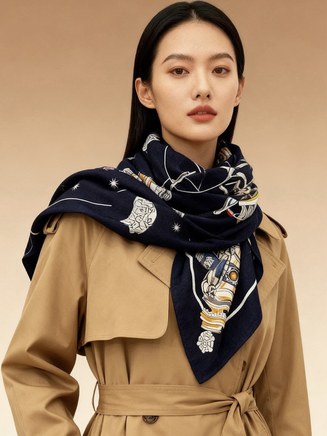 “星辰合唱曲”140丝绒双面同色披肩手工卷边丝绒方巾（30%桑蚕丝70%羊绒）这款经典单品展现强大而迷人