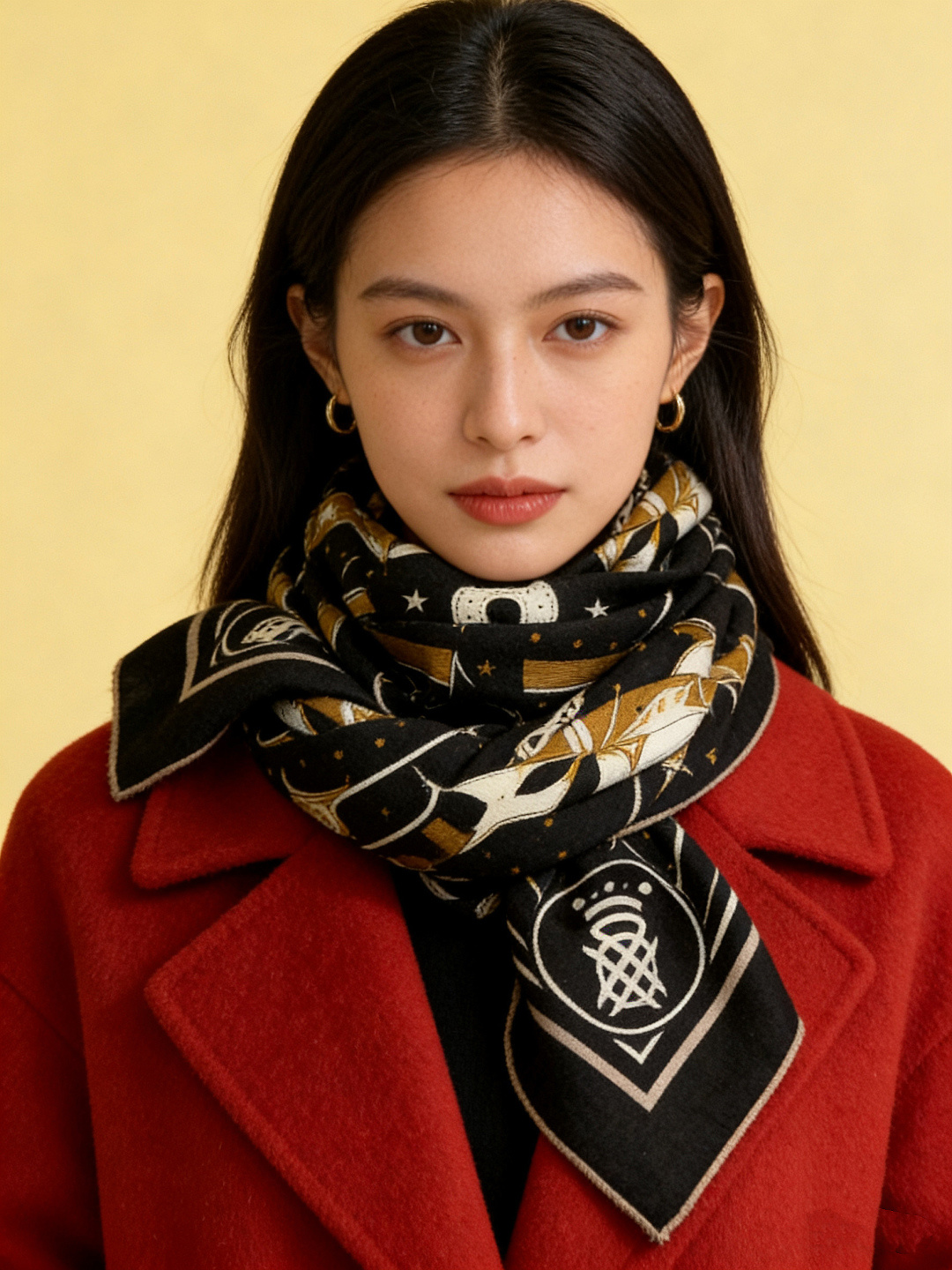 “清晨漫步Bandana”140厘米双面同色丝绒披肩手工卷边山羊绒和真丝混纺披肩（70%山羊绒，30%桑