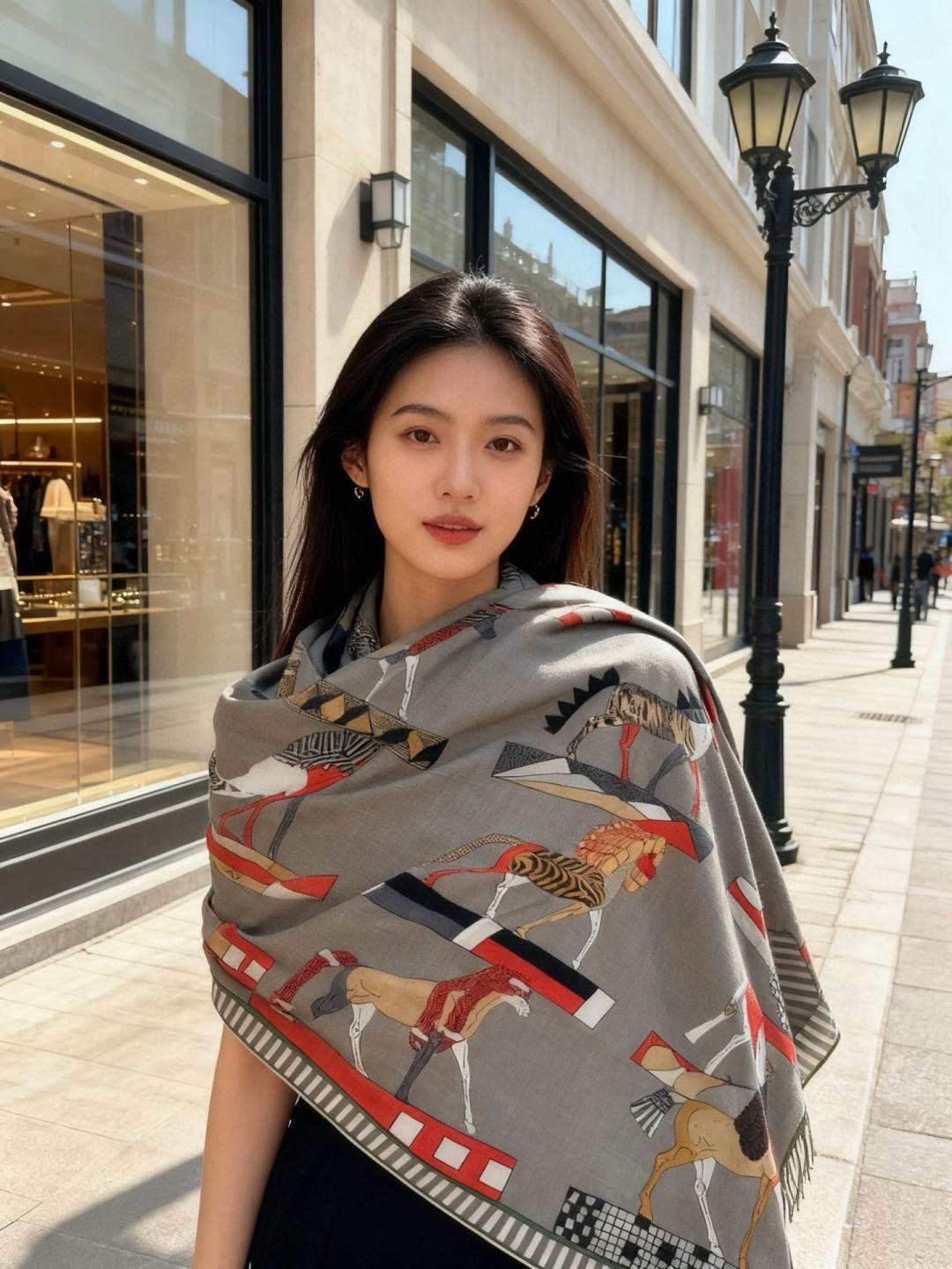 “全速前进”140双面丝绒披肩手工卷边丝绒方巾（30%桑蚕丝70%羊绒）这款经典单品展现强大而迷人的女性