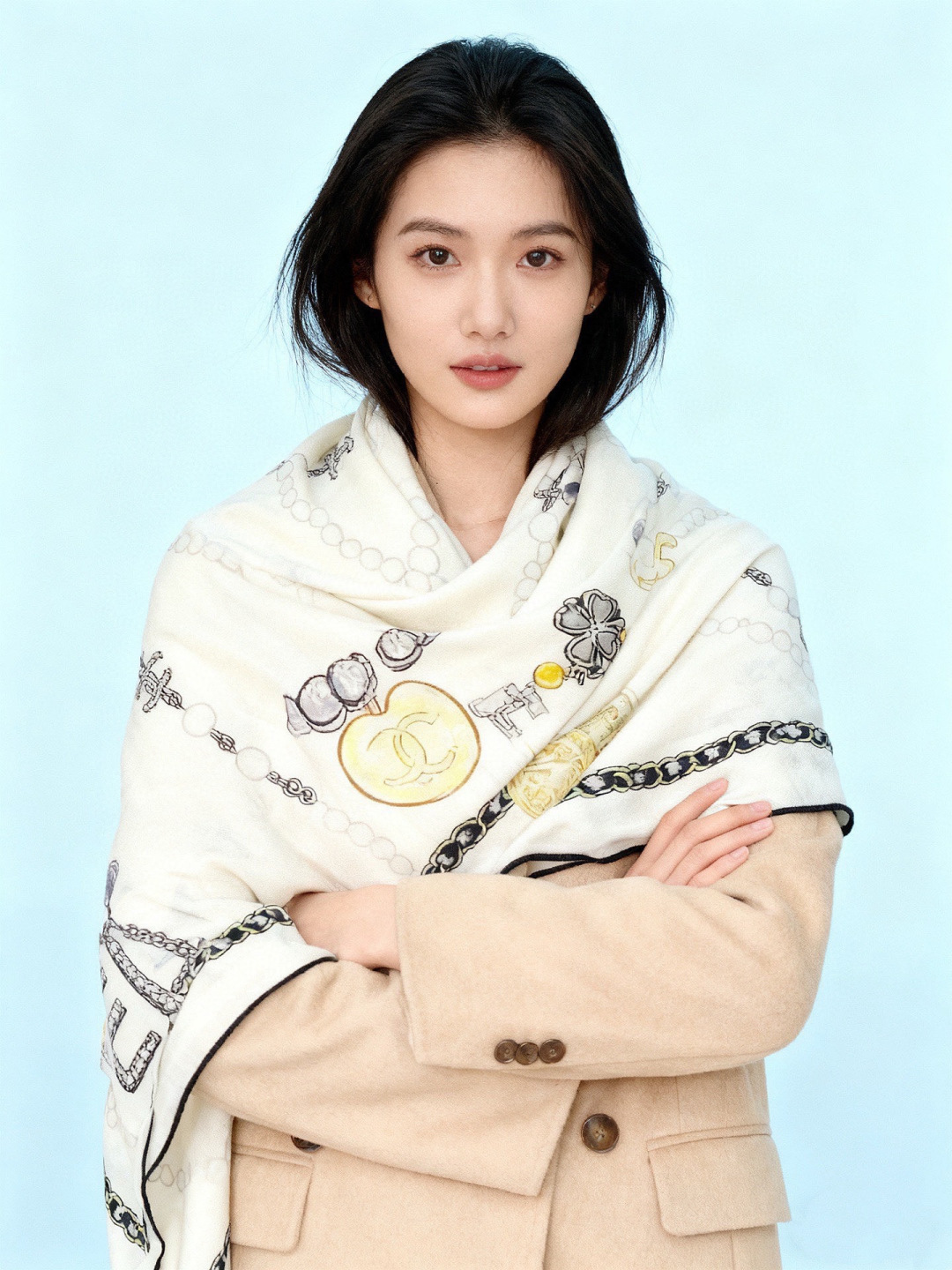 Chanel ~25秋冬新品～“珠光宝气”【140双面丝绒披肩】手工卷边丝绒方巾（30%桑蚕丝70%羊绒