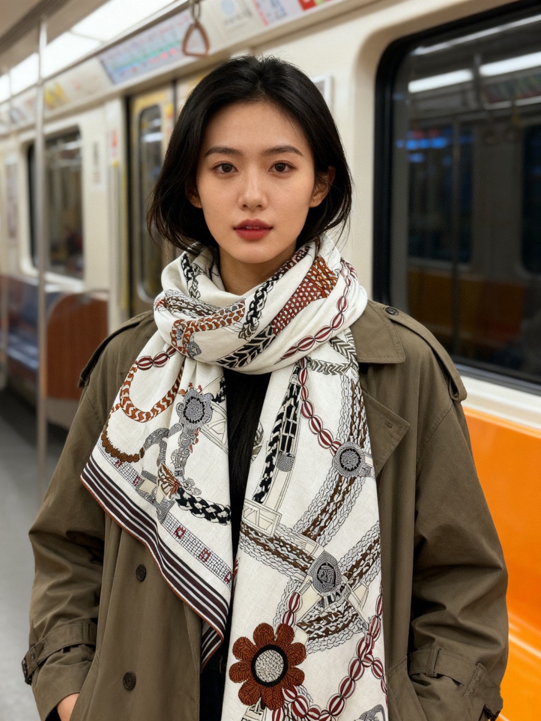 “编织鞍带”140方巾～Hermes 手工卷边丝绒方巾（30%桑蚕丝70%羊绒）这款爱马仕的经典单品展现