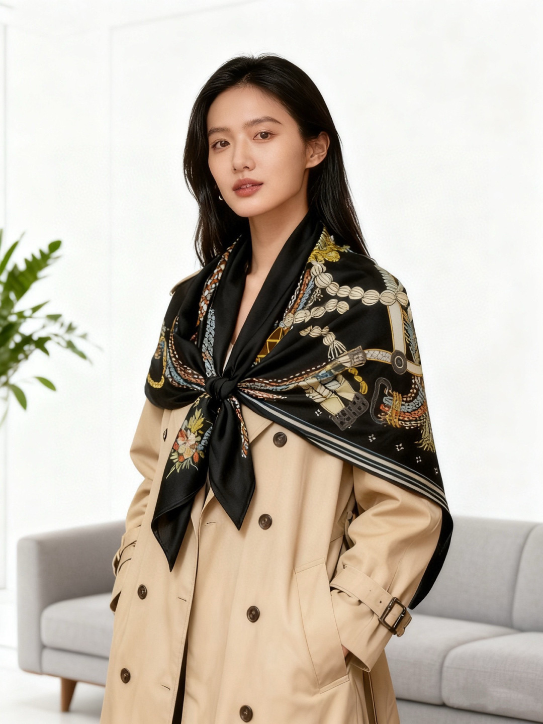 “编织鞍带”140方巾～Hermes 手工卷边丝绒方巾（30%桑蚕丝70%羊绒）这款爱马仕的经典单品展现