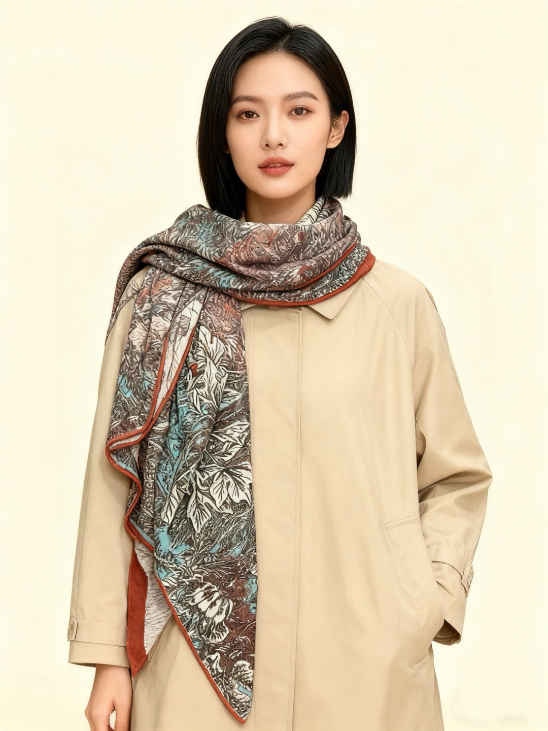 💟2025年秋冬抢先 上新💞【双面同色丝绒方巾】手工卷边山羊绒和真丝混纺披肩（70%山羊绒，30%桑蚕丝