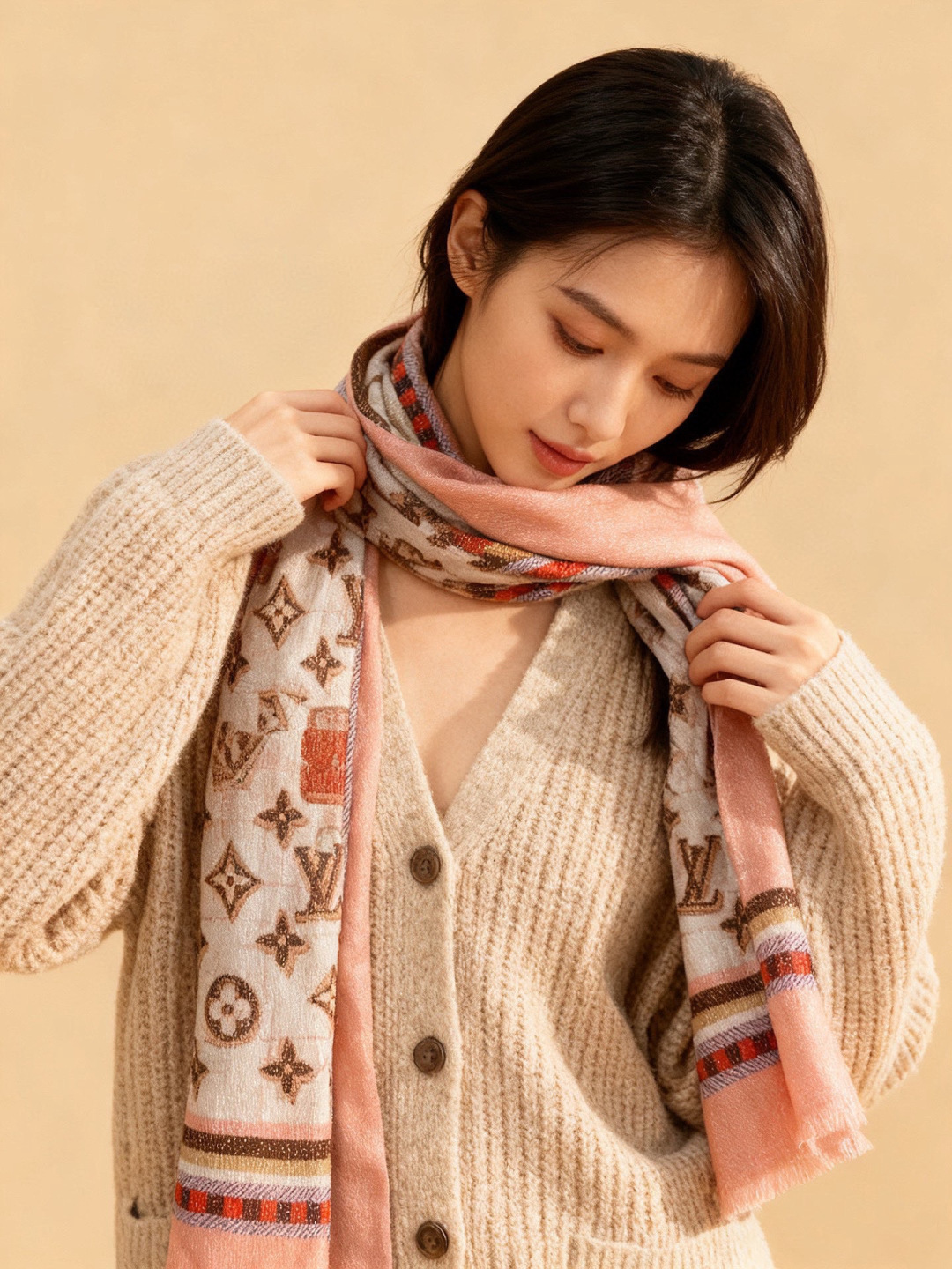 会发光发亮的围巾银丝羊绒长巾✨专柜同步‼️真心赞‼️驴家【L字母与花纹长巾】路易威登经典 Monogra