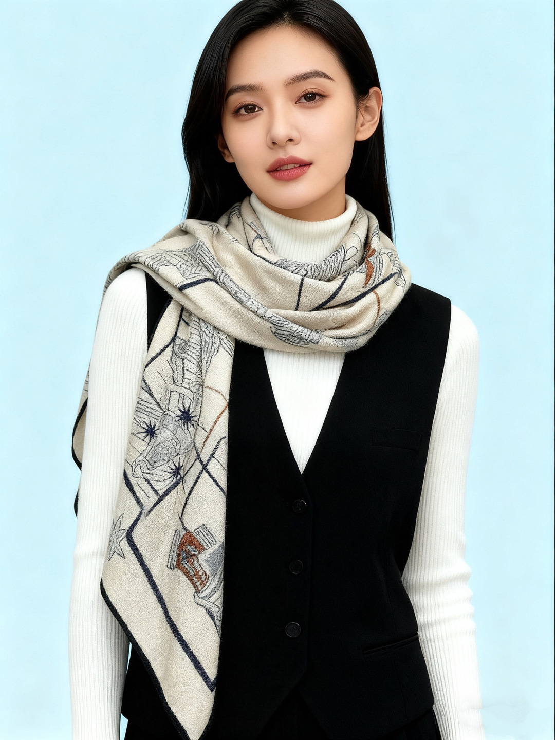 “星辰合唱曲”140丝绒双面同色披肩手工卷边丝绒方巾（30%桑蚕丝70%羊绒）这款经典单品展现强大而迷人