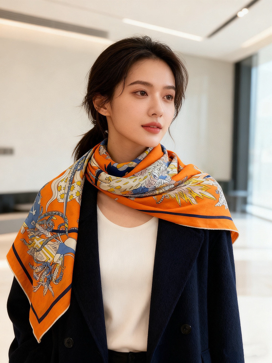 新款爱马仕四季之王的加冕140*140cm，双面同色印花，高端的重磅丝羊绒面料，正反两面效果一样，70%