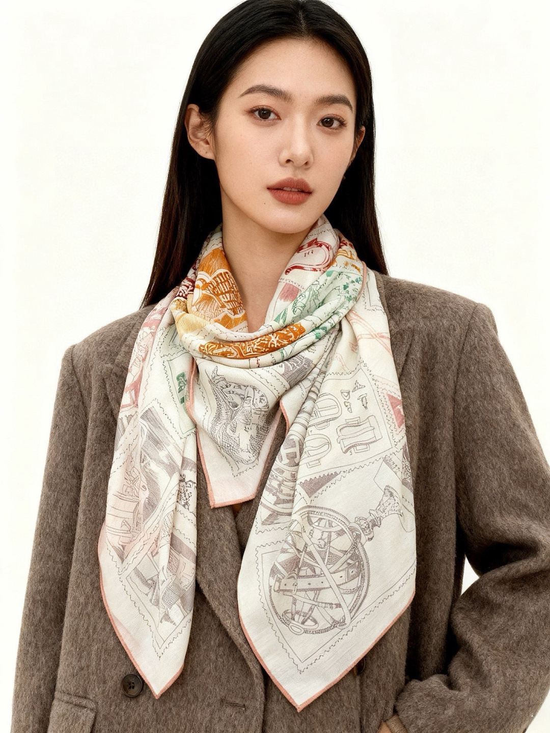 💟2025年秋冬抢先 上新💞【双面同色丝绒绒方巾】手工卷边山羊绒和真丝混纺披肩（70%山羊绒，30%桑蚕