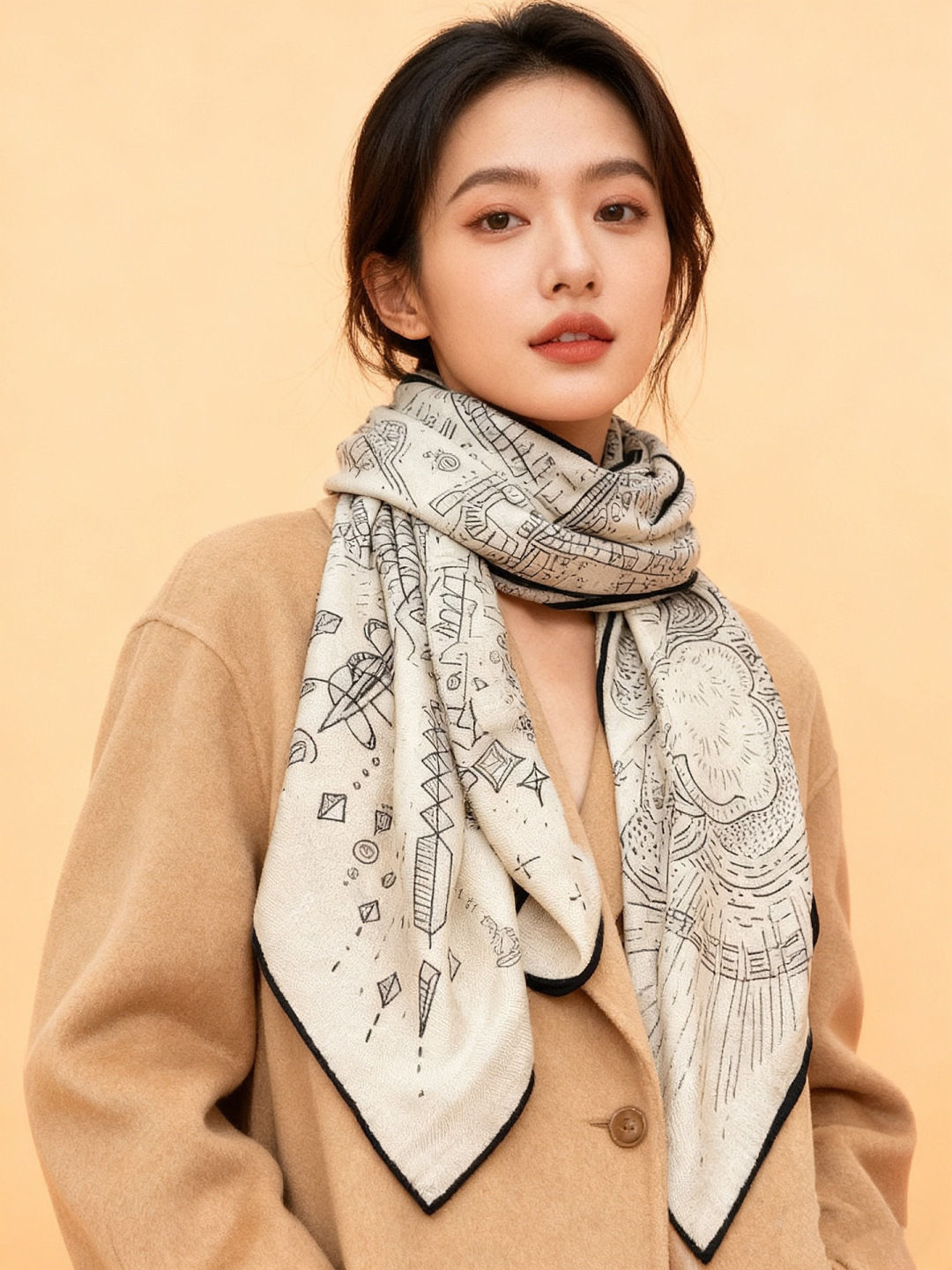 “正在接通中”140丝丝绒方巾【140顶级丝绒双面同色印花】手工卷边丝绒方巾（30%真丝70%羊绒）这款