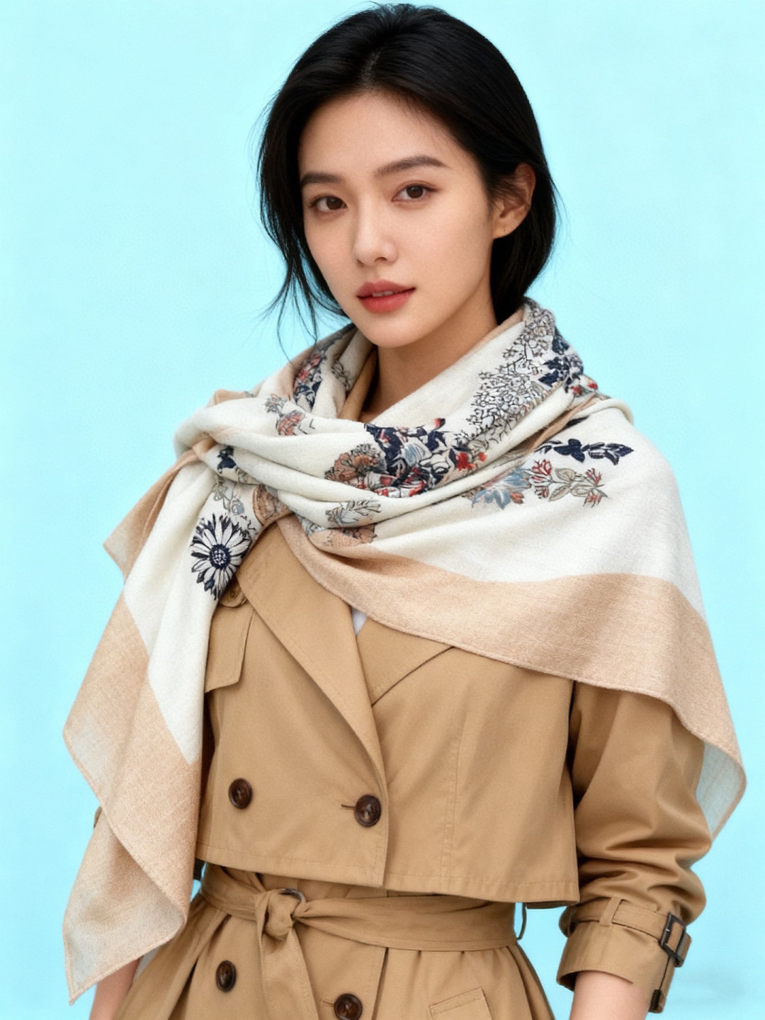 “华丽的缰辔花卉版”140丝绒方巾【140顶级丝绒双面同色披肩】手工卷边丝绒方巾（30%真丝70%羊绒）