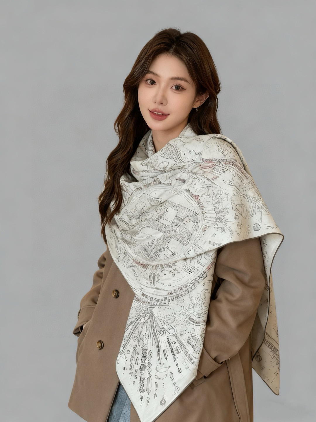 “正在接通中”140方巾～Hermes 手工卷边丝绒方巾（30%桑蚕丝70%羊绒）这款爱马仕的经典单品展