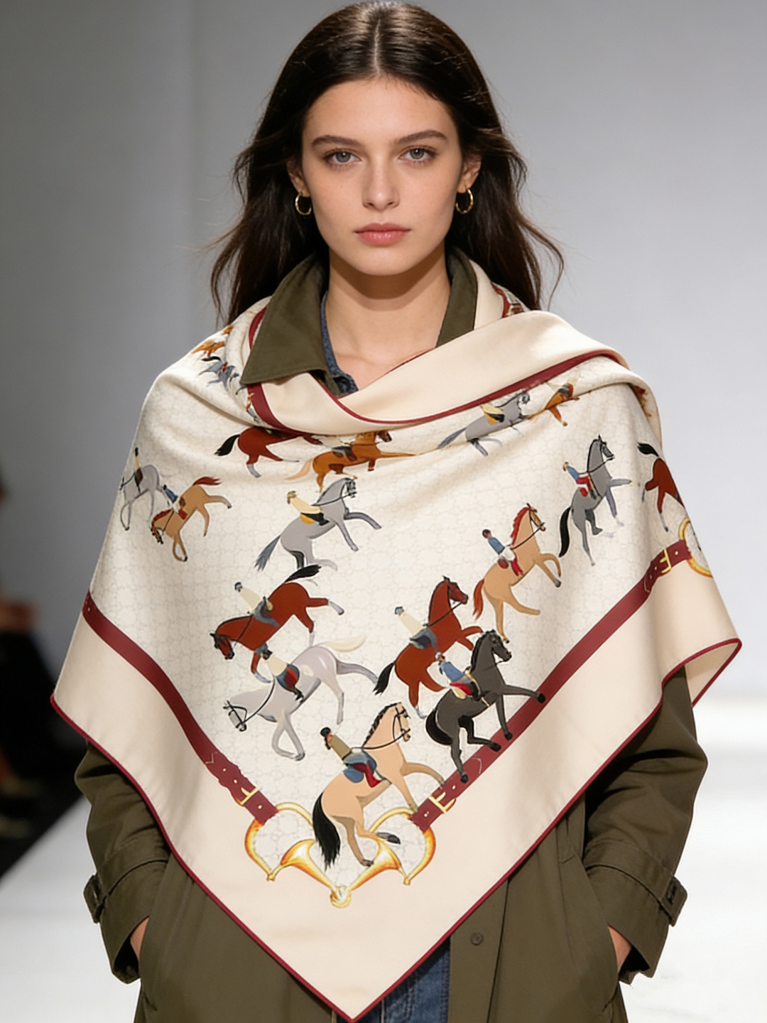 💟Gucci~140双面丝绒披肩马鞍细节和骑马图案以精致色调匠心呈献，意在向品牌与马术世界的深厚渊源致敬