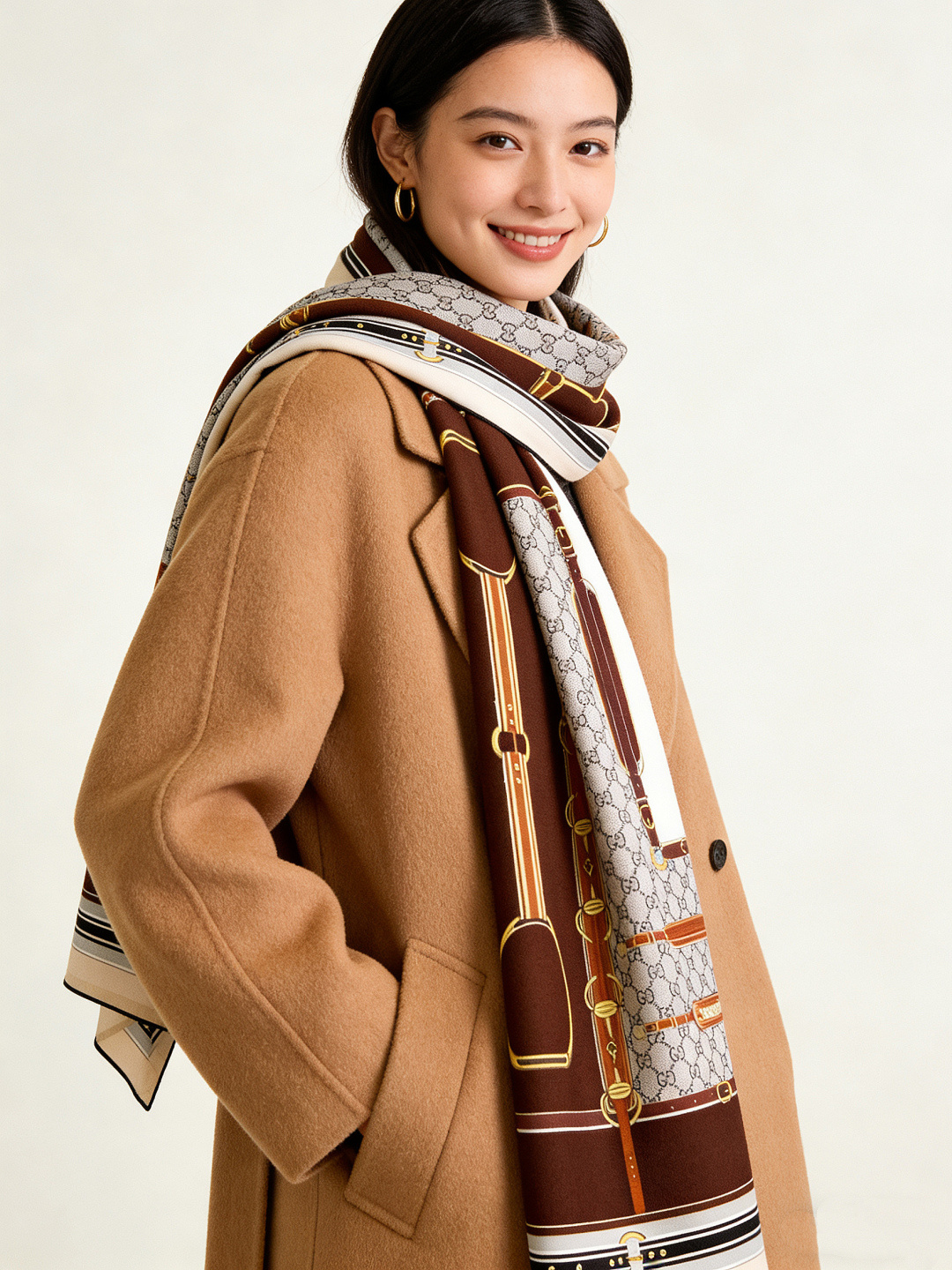 Gucci新款方巾 品牌典藏图案在与全新醒目印花的衬托下熠熠生辉。这款方巾匠心缀饰动物和花卉印花，彰显G