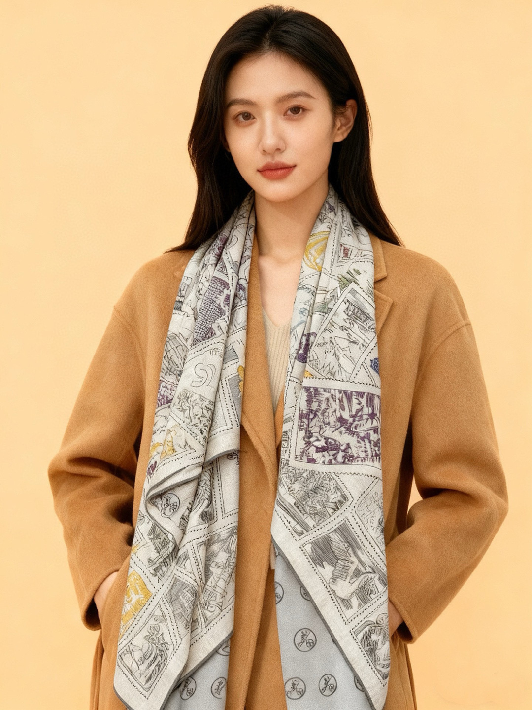 💟2025年秋冬抢先 上新💞【双面同色丝绒方巾】手工卷边山羊绒和真丝混纺披肩（70%山羊绒，30%桑蚕丝