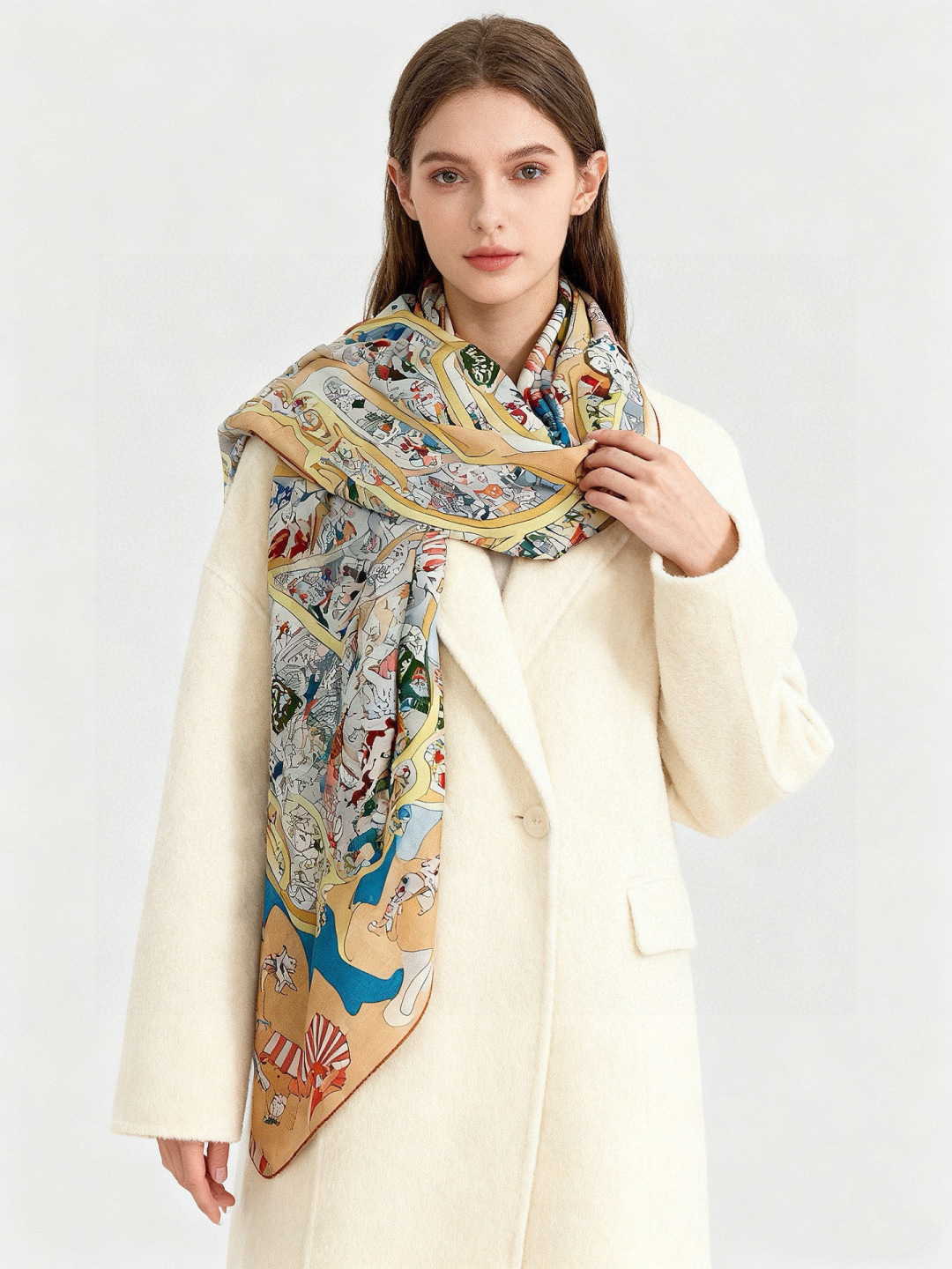 “马术学院”140双面同色丝绒披肩～Hermes 手工卷边丝绒方巾（30%桑蚕丝70%羊绒）这款爱马仕的