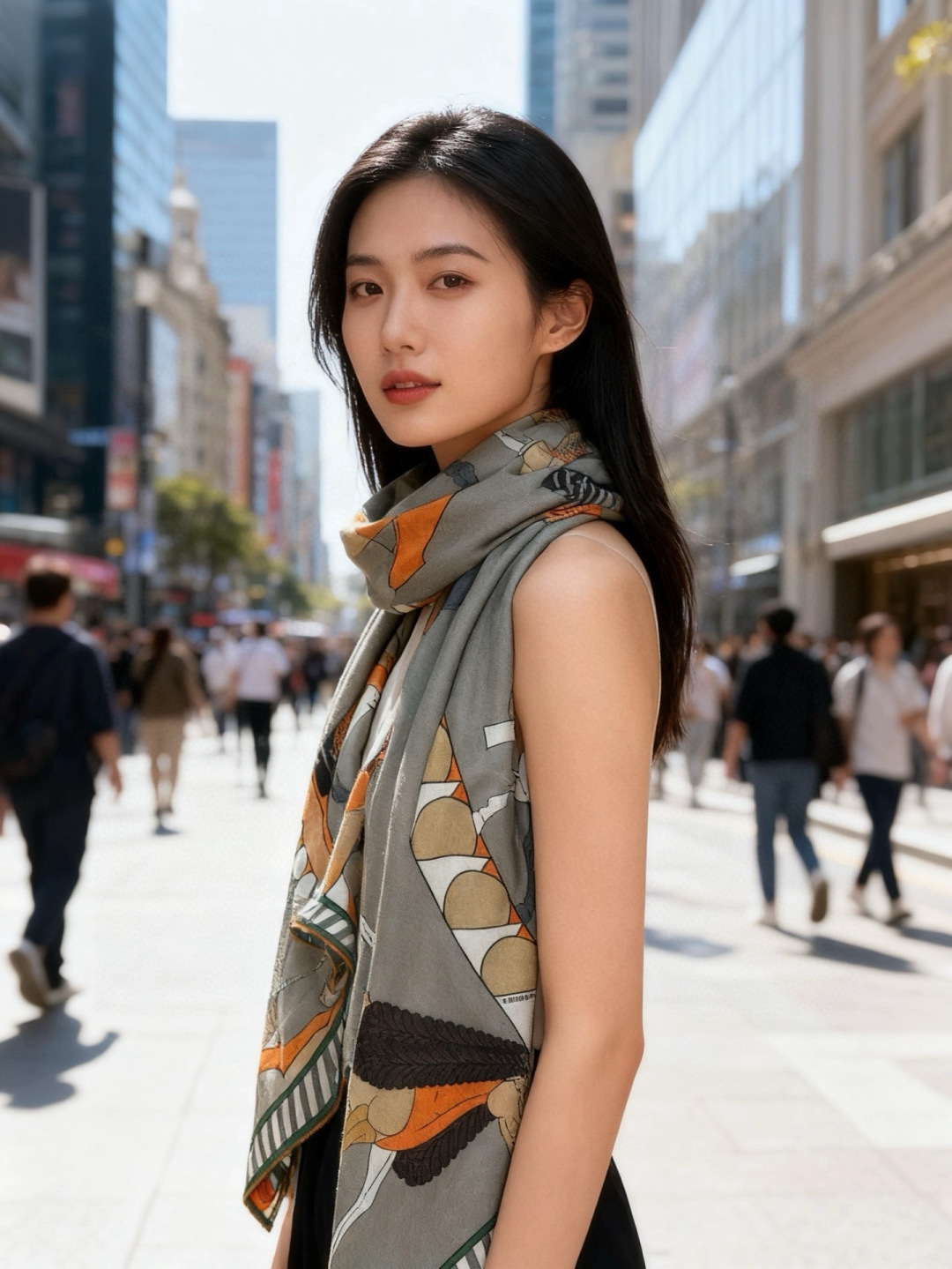 “全速前进”140双面丝绒披肩手工卷边丝绒方巾（30%桑蚕丝70%羊绒）这款经典单品展现强大而迷人的女性