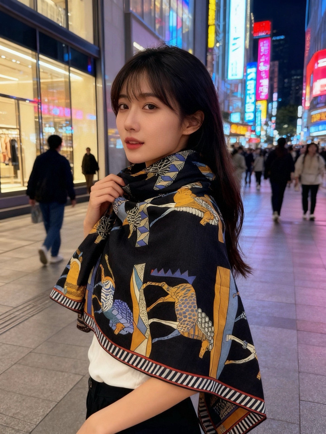 “全速前进”140双面丝绒披肩手工卷边丝绒方巾（30%桑蚕丝70%羊绒）这款经典单品展现强大而迷人的女性