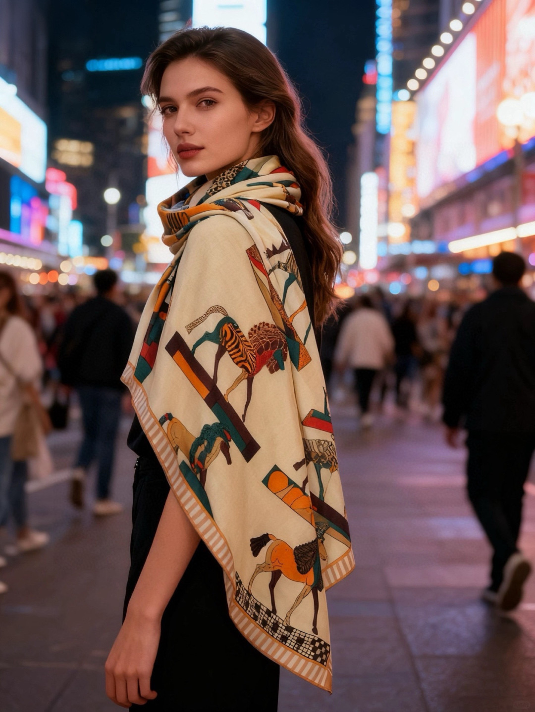 “全速前进”140双面丝绒披肩手工卷边丝绒方巾（30%桑蚕丝70%羊绒）这款经典单品展现强大而迷人的女性