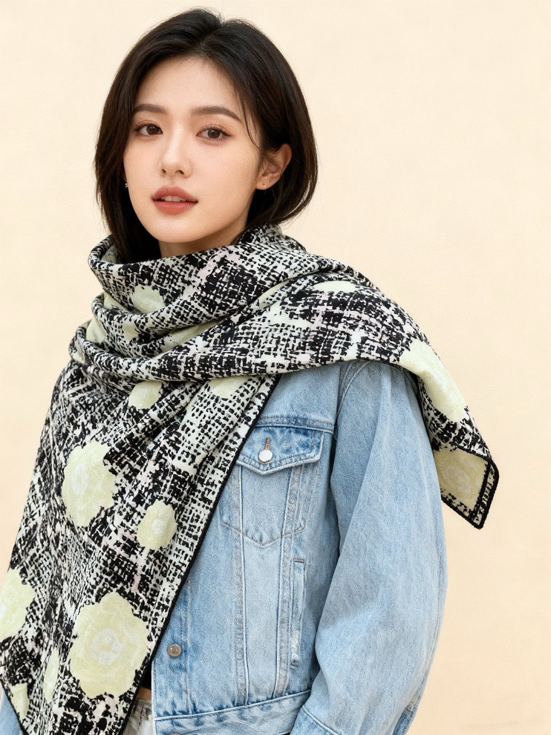 Chanel ~25秋冬新品～“花呢纹理与山茶花”【140双面丝绒披肩】手工卷边丝绒方巾（30%桑蚕丝7