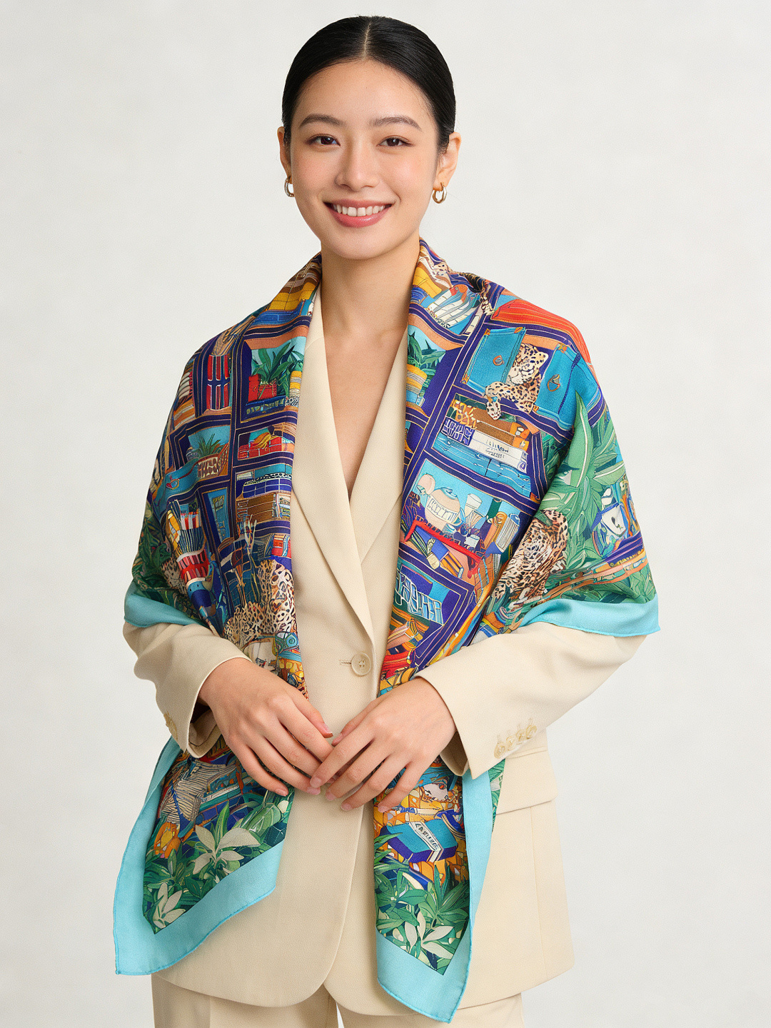 爱马仕新款双面同色 品名：十二花豹 面料：丝羊绒尺寸：140*140十二只花豹享受惬意休憩的时光。它们慵