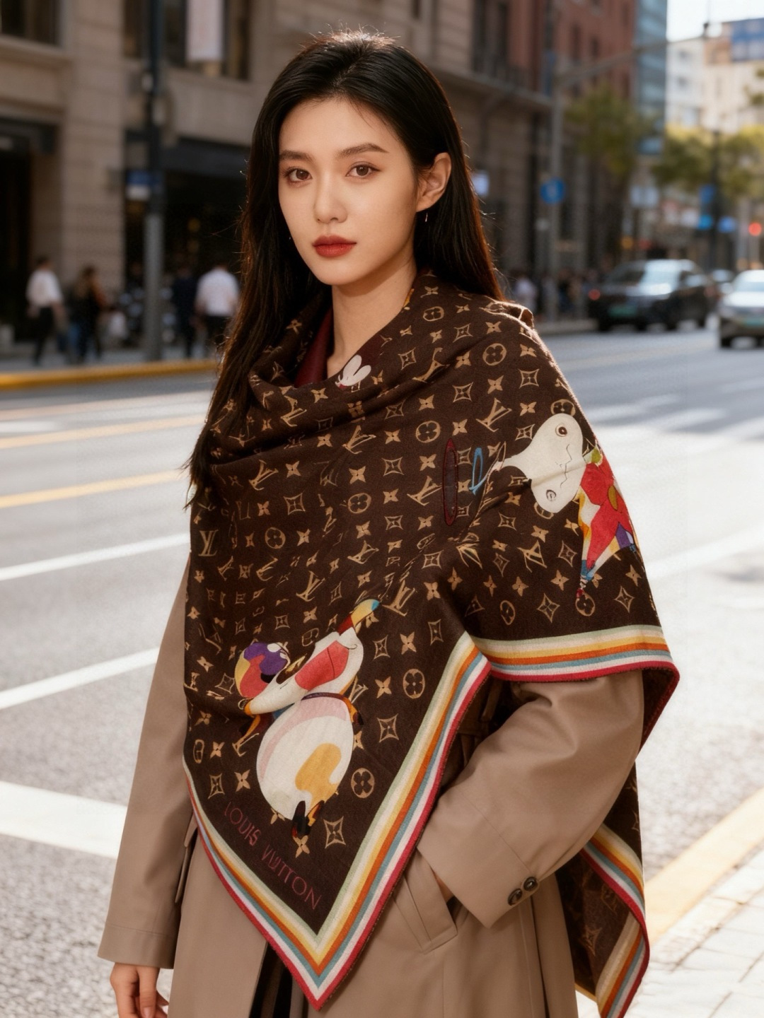 LV x TM SUPERFLAT 140丝绒方巾【140真丝羊绒双面同色披肩】LV x TM Mono