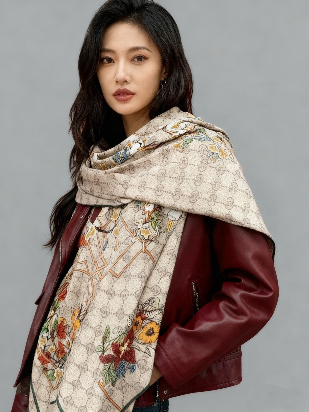 Gucci新款方巾 Gucci动物和花卉印花品牌典藏图案在与全新醒目印花的衬托下熠熠生辉。这款方巾匠心缀