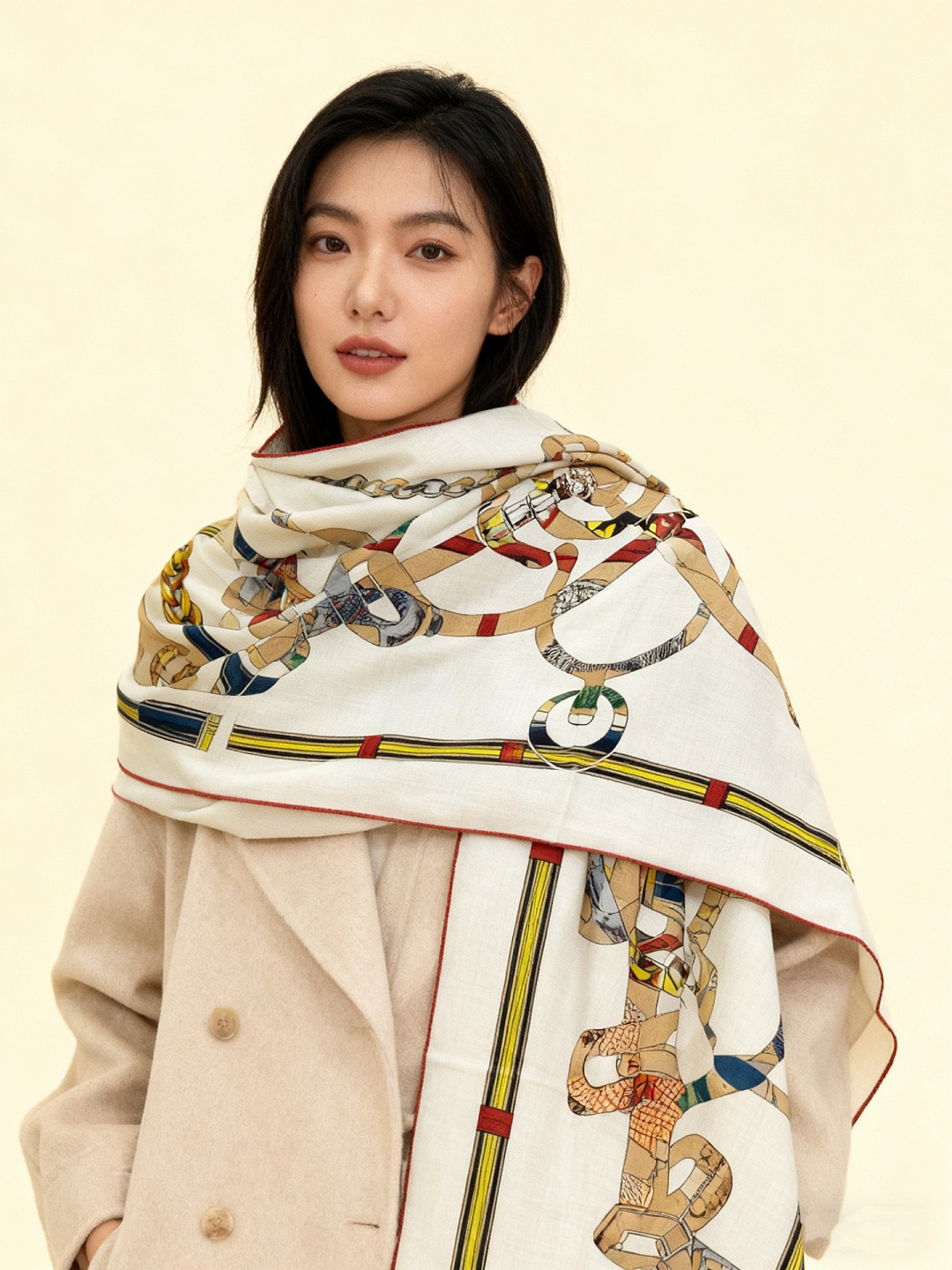 “金质马刺与骏马的披挂叠印版”披肩【140顶级丝毛双面同色】手工卷边30%桑蚕丝70%羊毛这款迷人的14