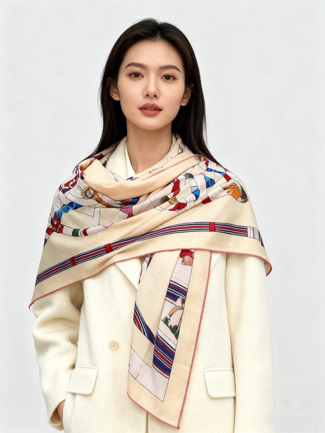 “金质马刺与骏马的披挂叠印版”披肩【140顶级丝毛双面同色】手工卷边30%桑蚕丝70%羊毛这款迷人的14