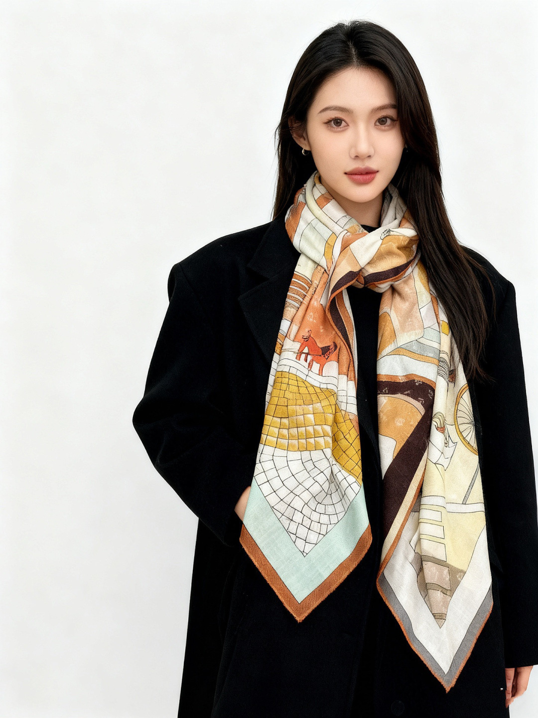 Fendi方形围巾 丝绒材质。采用定制的“Walking around Rome”图案，灵感源自罗马的历