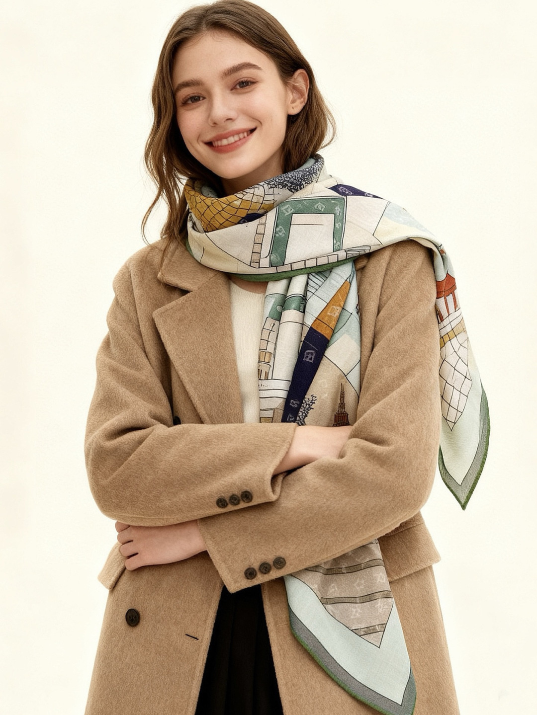 Fendi方形围巾 丝绒材质。采用定制的“Walking around Rome”图案，灵感源自罗马的历