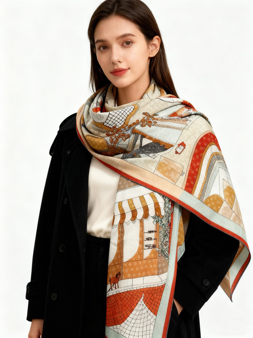 Fendi方形围巾 丝绒材质。采用定制的“Walking around Rome”图案，灵感源自罗马的历