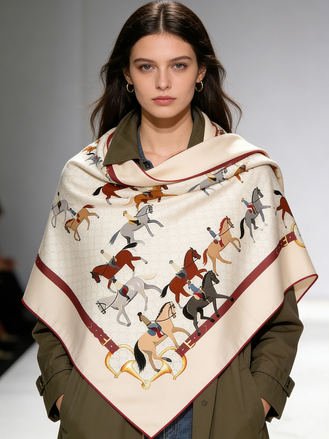 💟Gucci~140双面丝绒披肩马鞍细节和骑马图案以精致色调匠心呈献，意在向品牌与马术世界的深厚渊源致敬