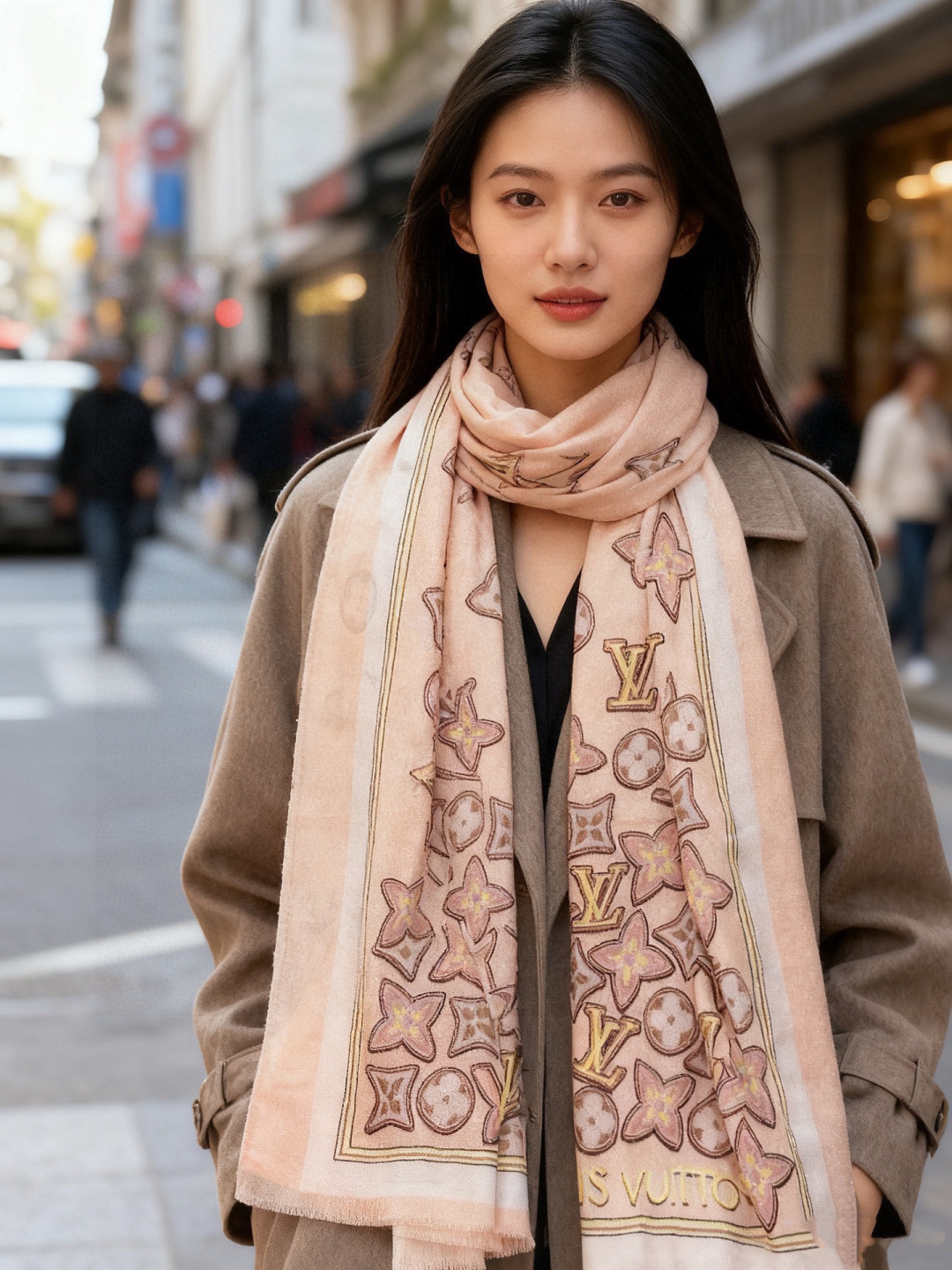 会发光发亮的围巾and Away 系列，致意路易威登的旅行传承。描绘 Monogram 载着路易威登手袋