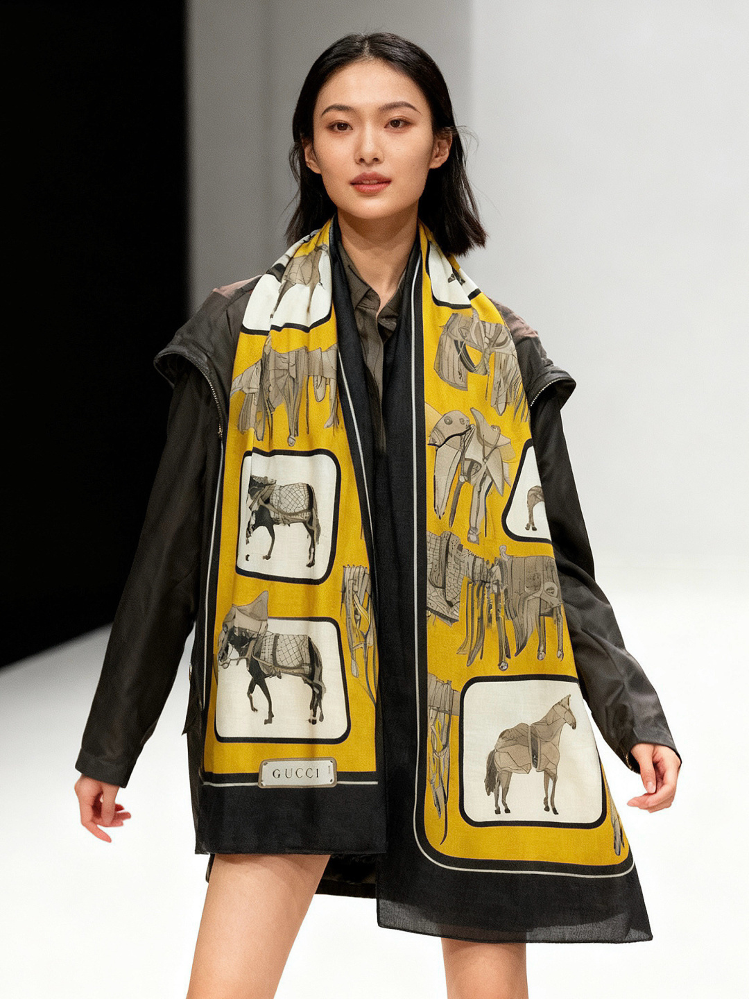 💟Gucci~140双面丝绒披肩马鞍细节和骑马图案以精致色调匠心呈献，意在向品牌与马术世界的深厚渊源致敬