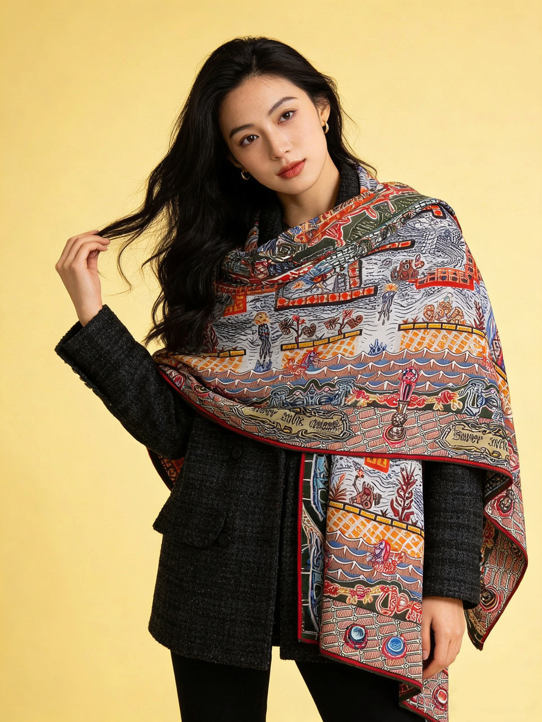 新款 秋冬搭配利器❗️顶级双面同色真丝羊绒披肩！！点睛精彩，图案和配色都超级喜欢，又一款双面配色工艺设计