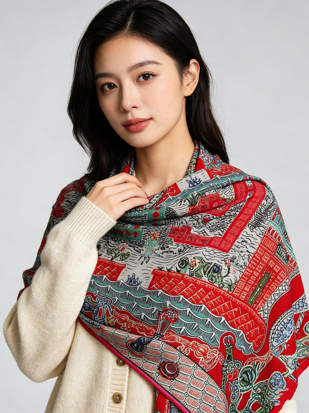 新款 秋冬搭配利器❗️顶级双面同色真丝羊绒披肩！！点睛精彩，图案和配色都超级喜欢，又一款双面配色工艺设计