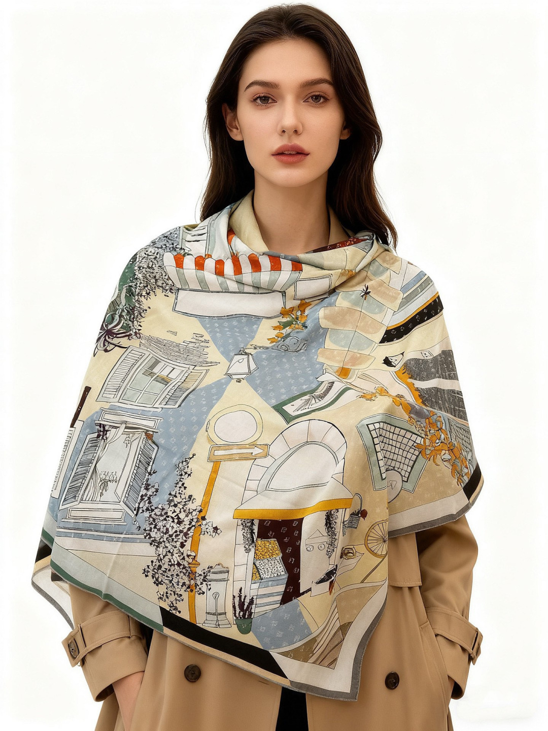 Fendi方形围巾 丝绒材质。采用定制的“Walking around Rome”图案，灵感源自罗马的历