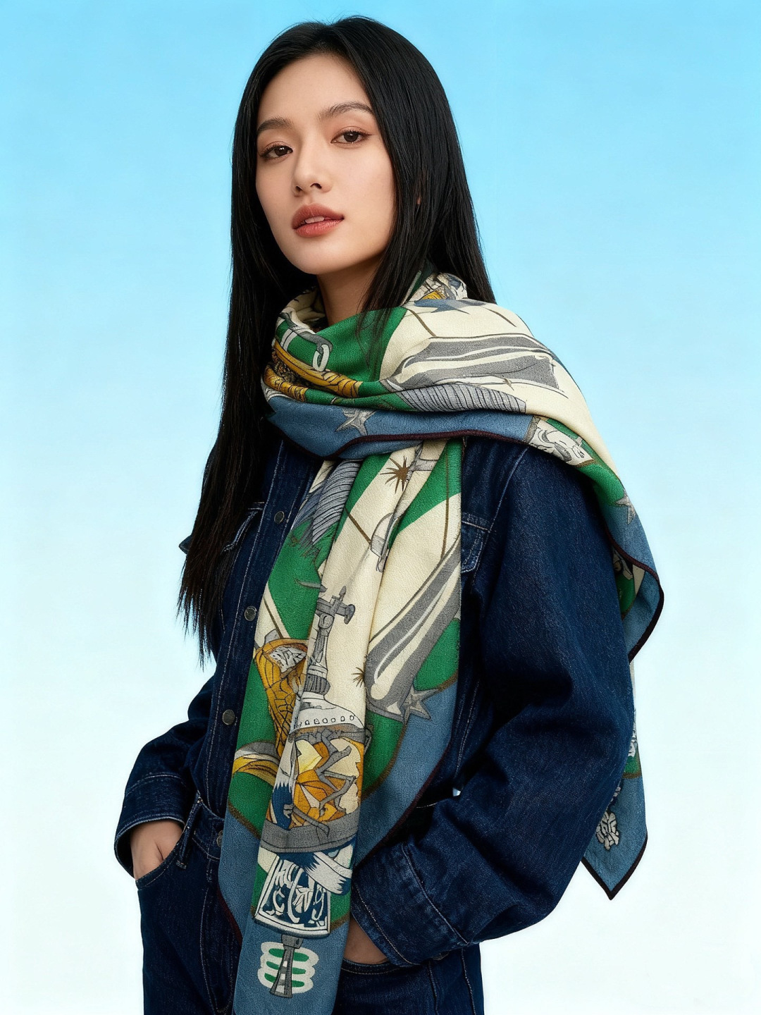 “星辰合唱曲”140丝绒双面同色披肩手工卷边丝绒方巾（30%桑蚕丝70%羊绒）这款经典单品展现强大而迷人