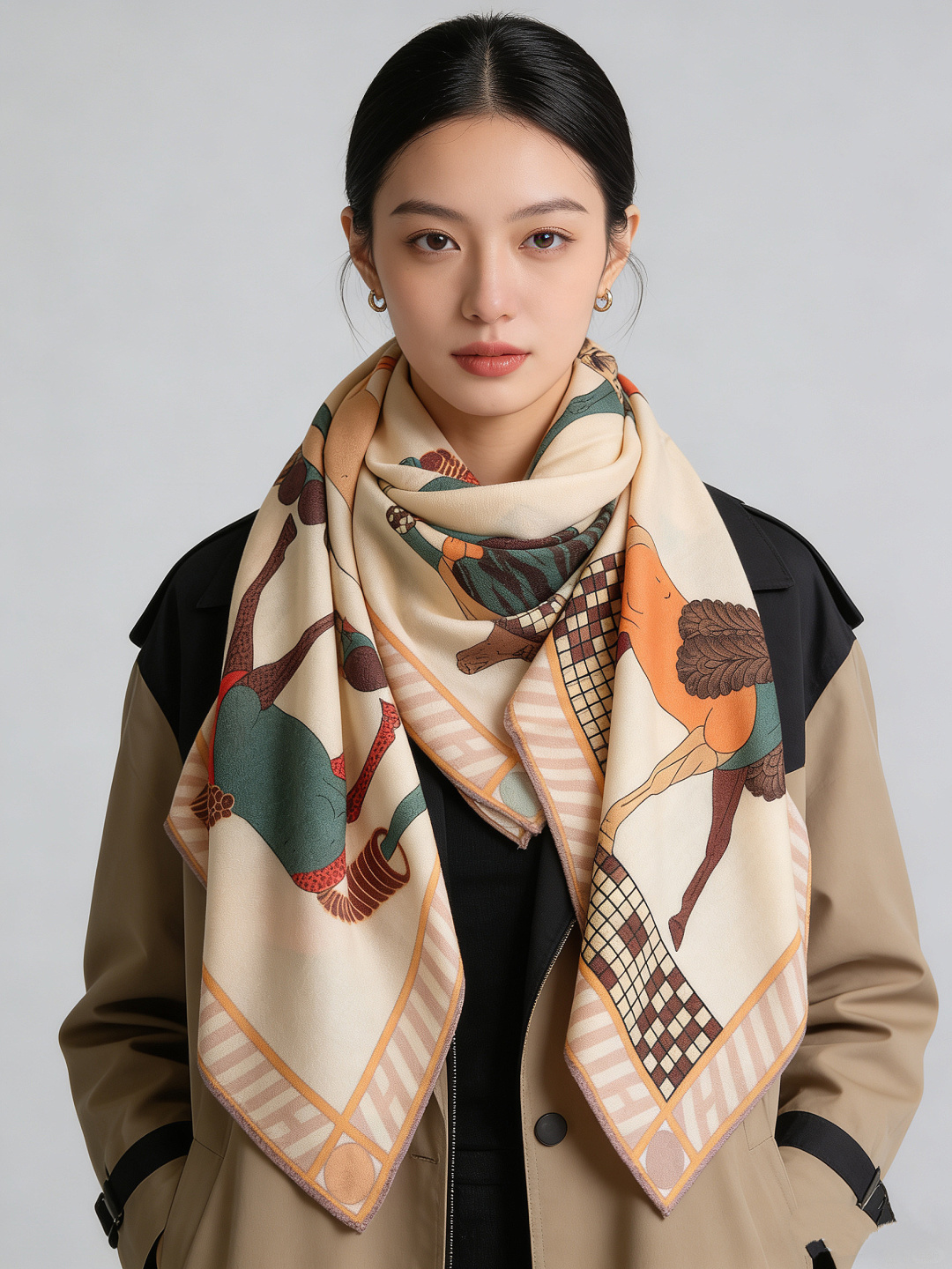 “全速前进”140双面丝绒披肩手工卷边丝绒方巾（30%桑蚕丝70%羊绒）这款经典单品展现强大而迷人的女性