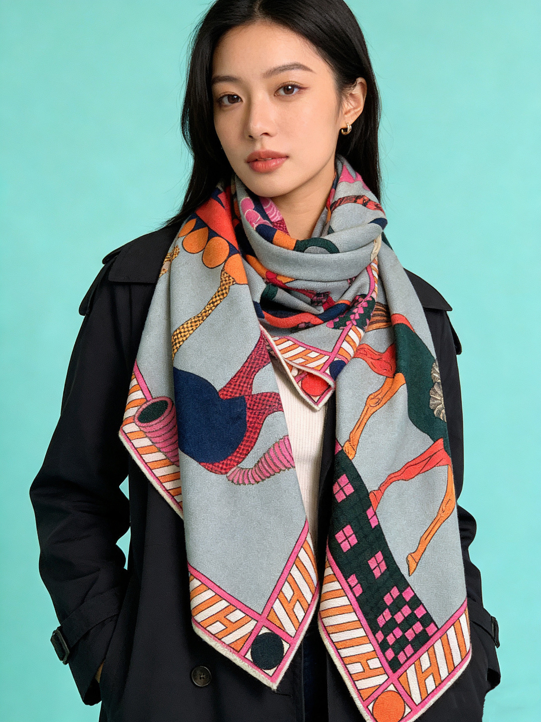 “全速前进”140双面丝绒披肩手工卷边丝绒方巾（30%桑蚕丝70%羊绒）这款经典单品展现强大而迷人的女性