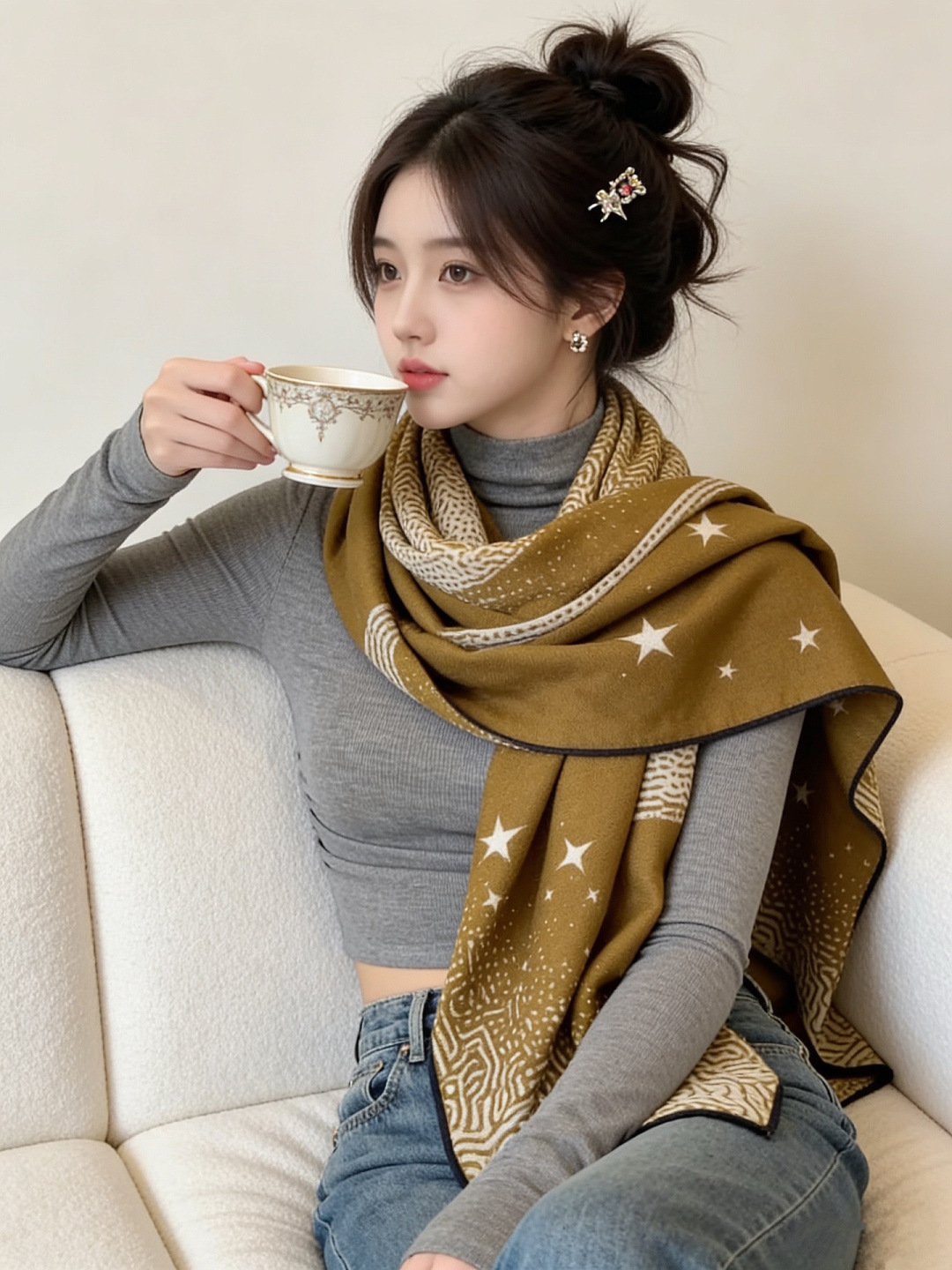 HERMES爱马仕新款|月光飞马Clair de Lune羊绒和真丝披肩，手工卷边(70%羊绒，30%真