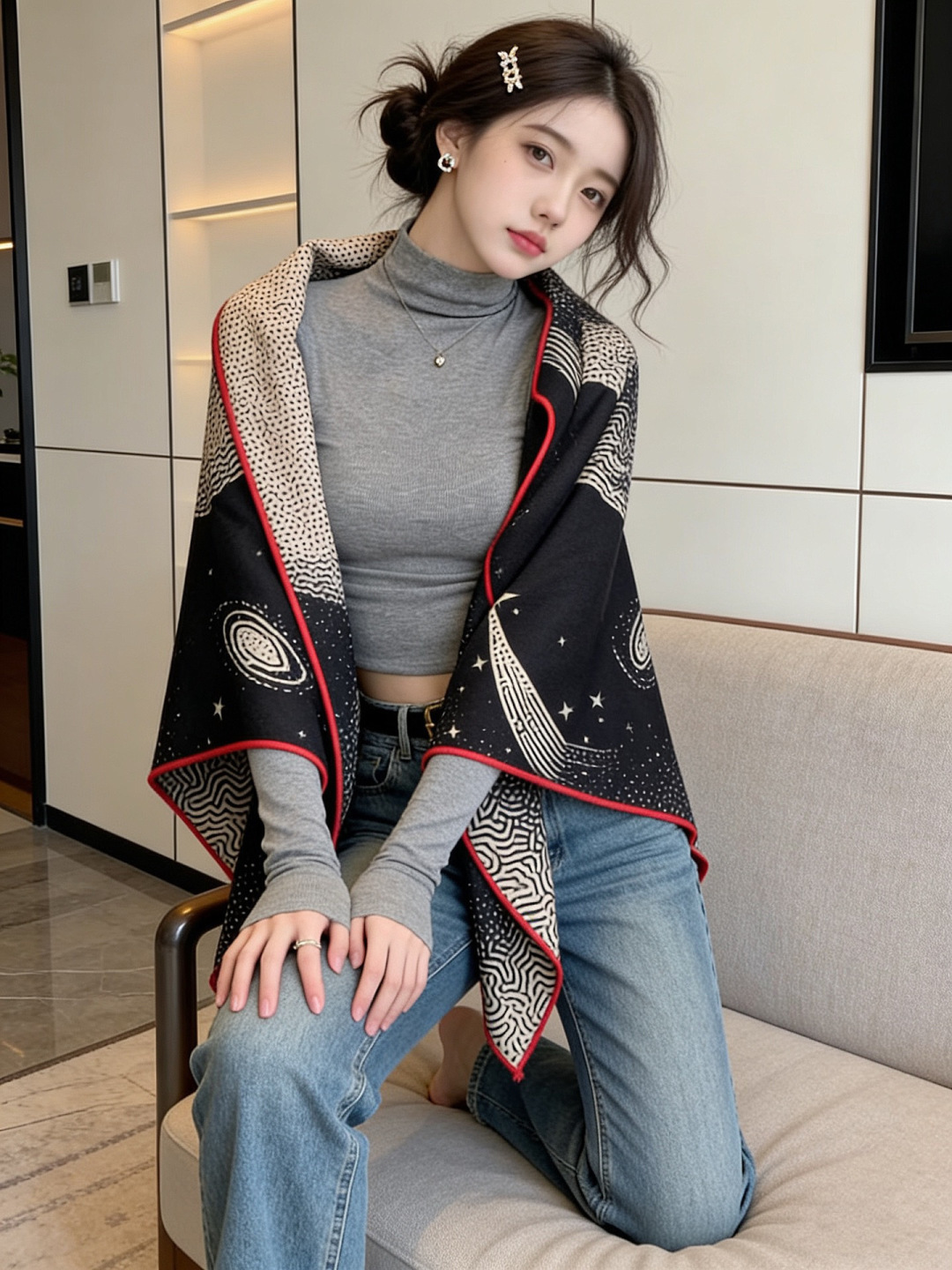 HERMES爱马仕新款|月光飞马Clair de Lune羊绒和真丝披肩，手工卷边(70%羊绒，30%真