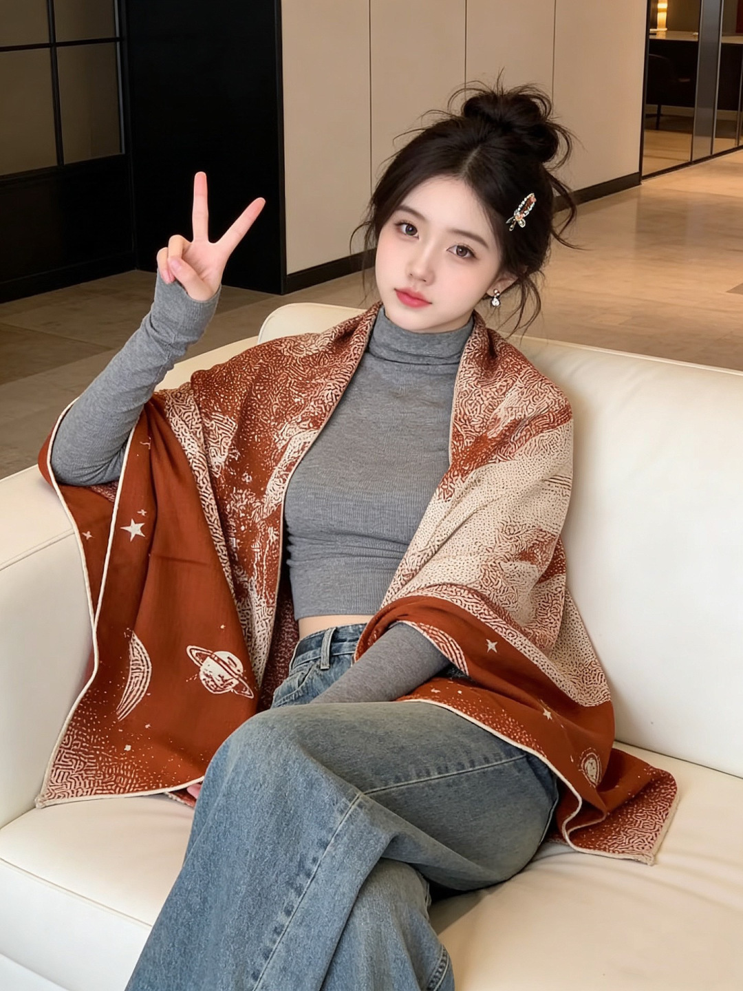 HERMES爱马仕新款|月光飞马Clair de Lune羊绒和真丝披肩，手工卷边(70%羊绒，30%真