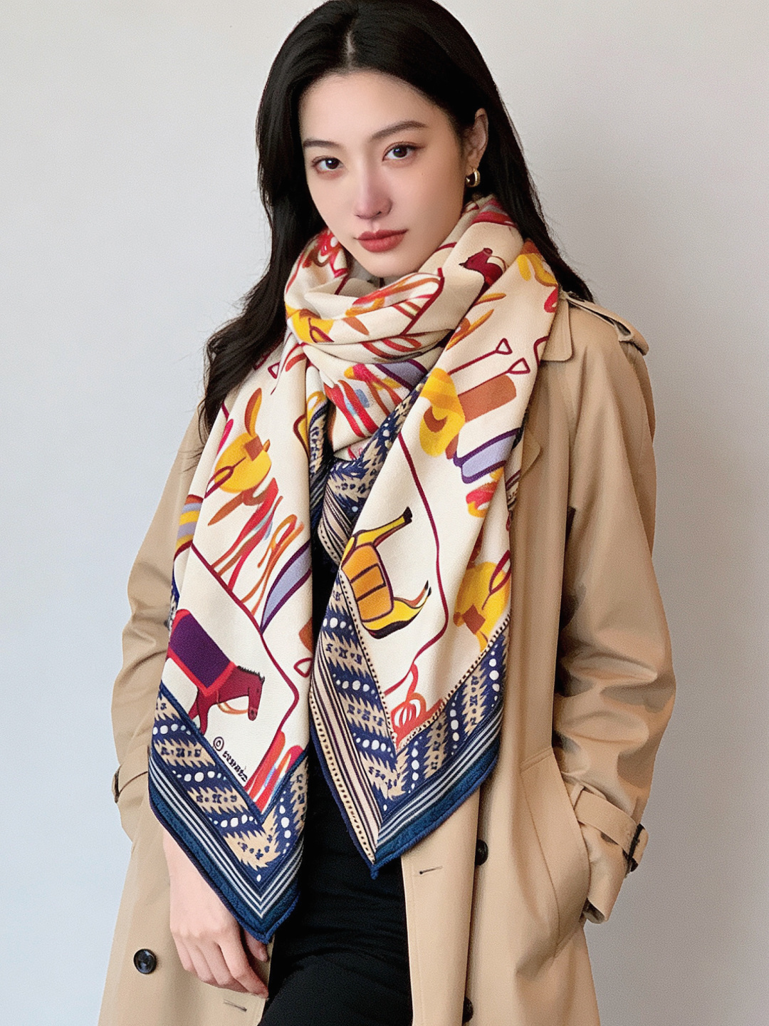 ✨✨【双面同色 丝绒款】H家羊绒新款 买了都说好看‼️推荐💕【骏马披挂 140】羊绒方巾‼️H家ZG爆款