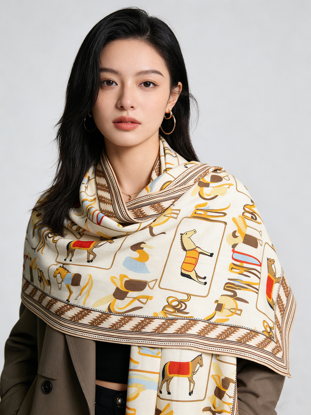 ✨✨【双面同色 丝绒款】H家羊绒新款 买了都说好看‼️推荐💕【骏马披挂 140】羊绒方巾‼️H家ZG爆款