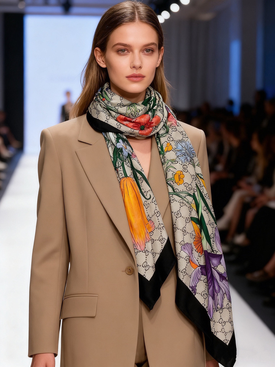 原单古驰140cm丝绒方巾💕 经典Gucci花卉印花以新颖配色和全新风格焕然呈现。在这款方巾之上，它以多