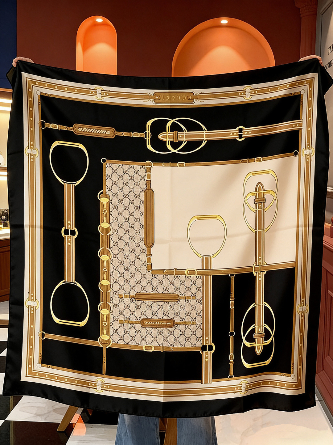 Gucci新款方巾 品牌典藏图案在与全新醒目印花的衬托下熠熠生辉。这款方巾匠心缀饰动物和花卉印花，彰显G