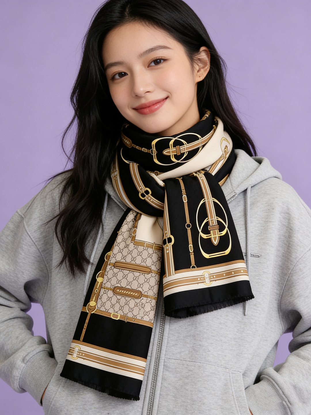 Gucci新款方巾 品牌典藏图案在与全新醒目印花的衬托下熠熠生辉。这款方巾匠心缀饰动物和花卉印花，彰显G